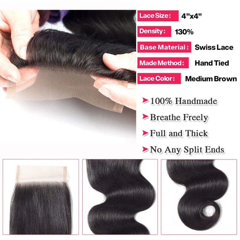 Jinhongze Body Wave Closure Human Hair Lace Closure Brazilian 12A Unprocessed Body Wave Hair 4x4 HD Lace Closure Free Part Natural Black Color(12") â€¦ - Image 3